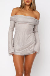 Fishnet Overlay Design Glittering Off Shoulder Mini Dresses - Grey